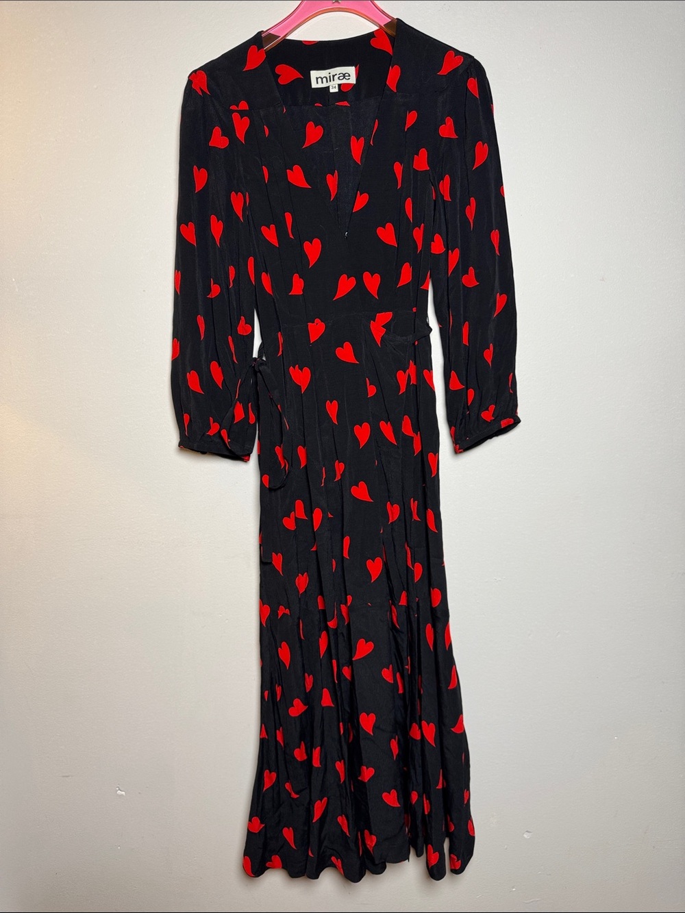 MIRAE Paris Victoria Heart Black True Wrap Dress Red Heart Print Maxi? 34 S/M